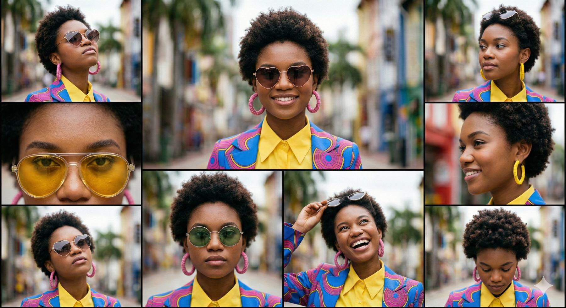 同一人物を異なるポーズ・アングルで描いた9枚のグリッド画像。カラフルな柄のジャケットと黄色いシャツを着た女性の外見が全カットで一貫している