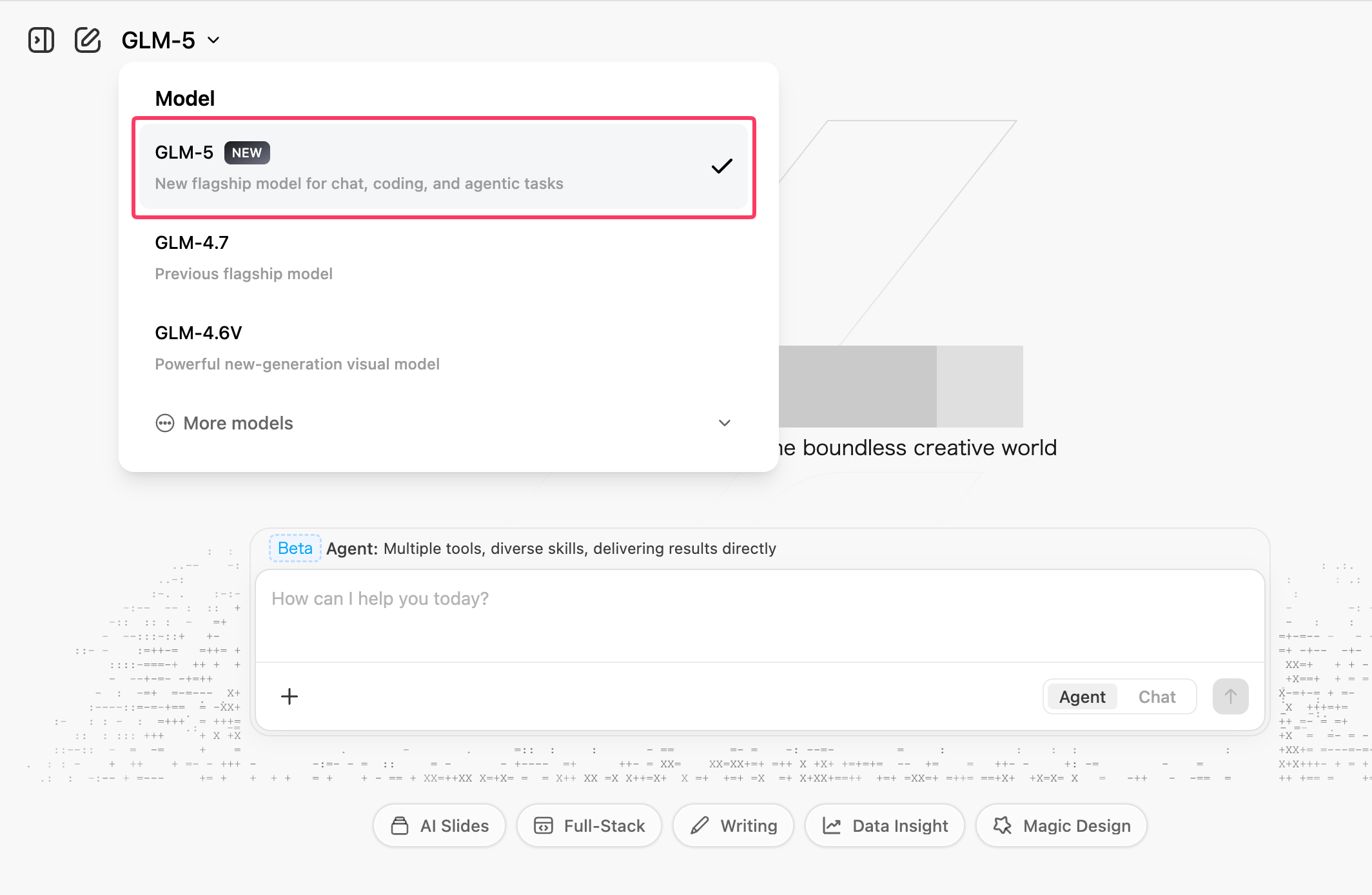chat.z.aiのモデル選択画面。GLM-5が「NEW」のラベル付きで選択されている。下部にはAgentモードとChatモードの切り替えが表示されている