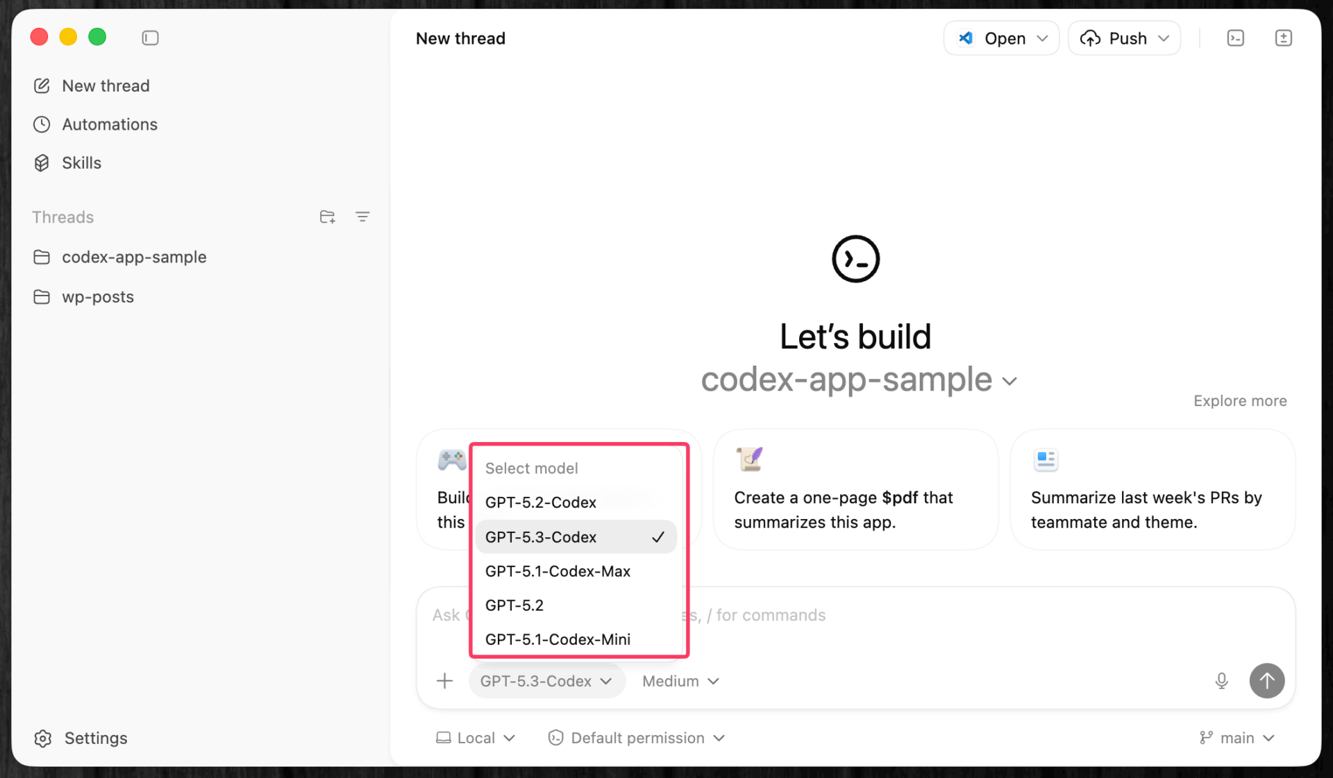 画像 Codexアプリのモデル選択画面。GPT-5.3-Codexが選択されている