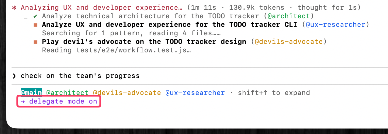 ステータスバーに「delegate mode on」と表示され、リードがコーディネーション専用モードになっている画面