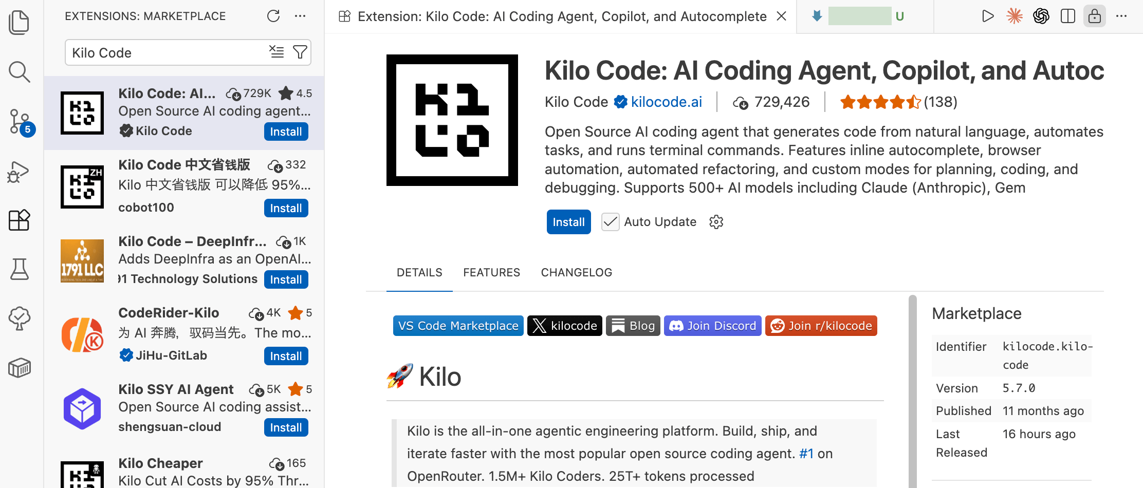 VS Code Marketplaceに表示されたKilo Codeの拡張機能ページ。150万以上のユーザー、星4.8の評価