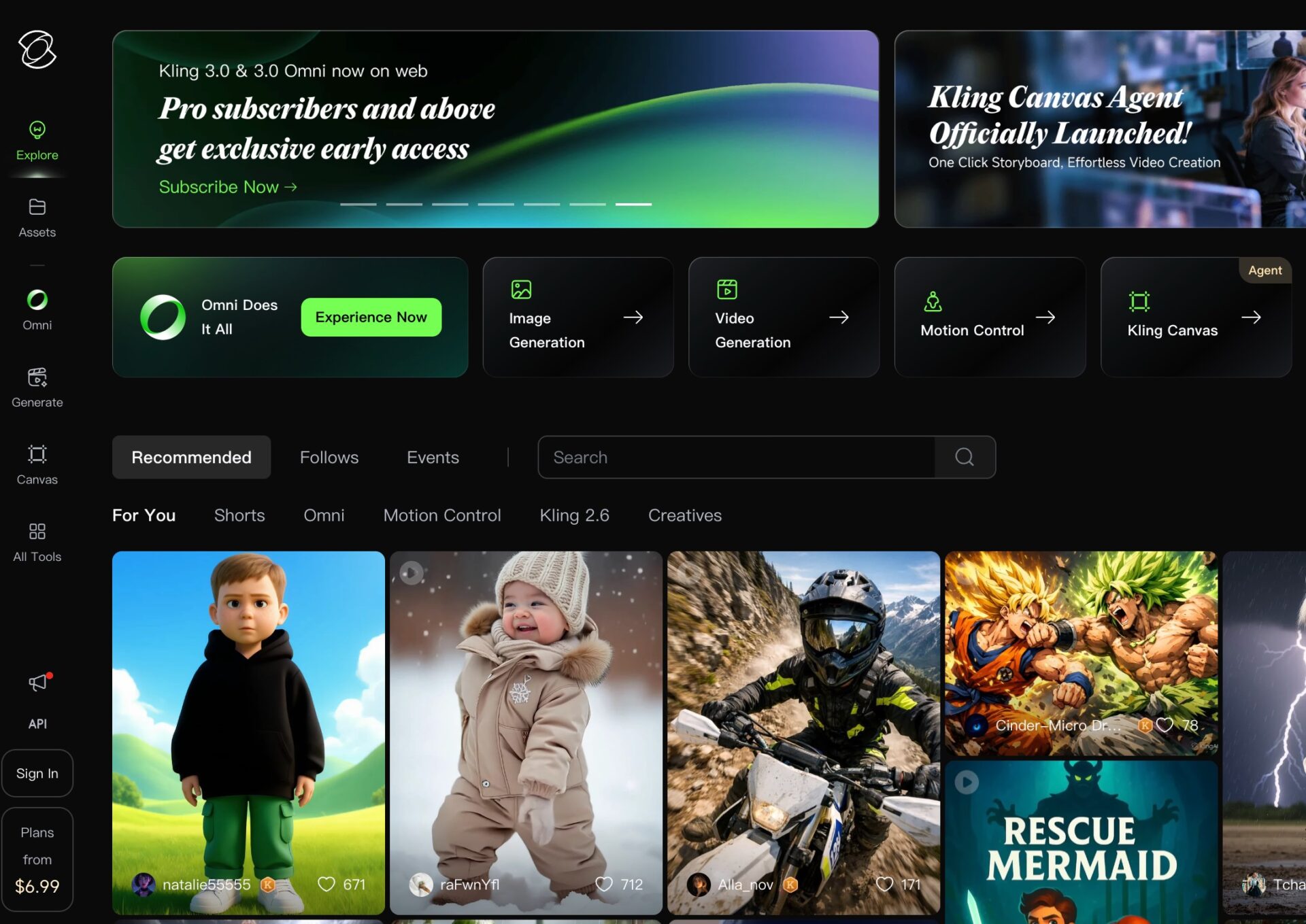 Kling AIのトップページ。Kling 3.0 OmniリリースやCanvas Agentの告知バナーが表示されている