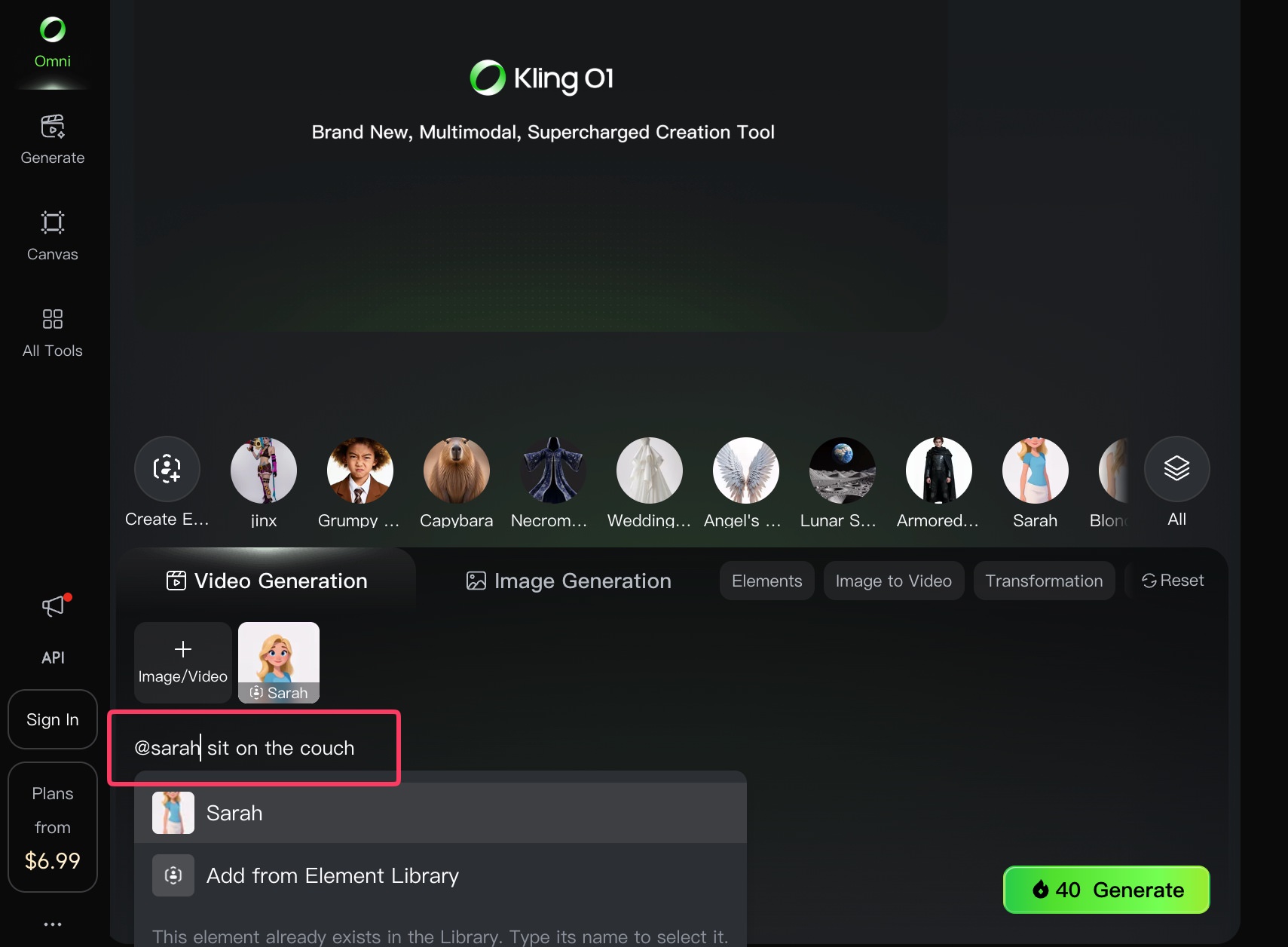 Kling AIのOmniモードでキャラクターを@メンションしてプロンプトを入力している画面
