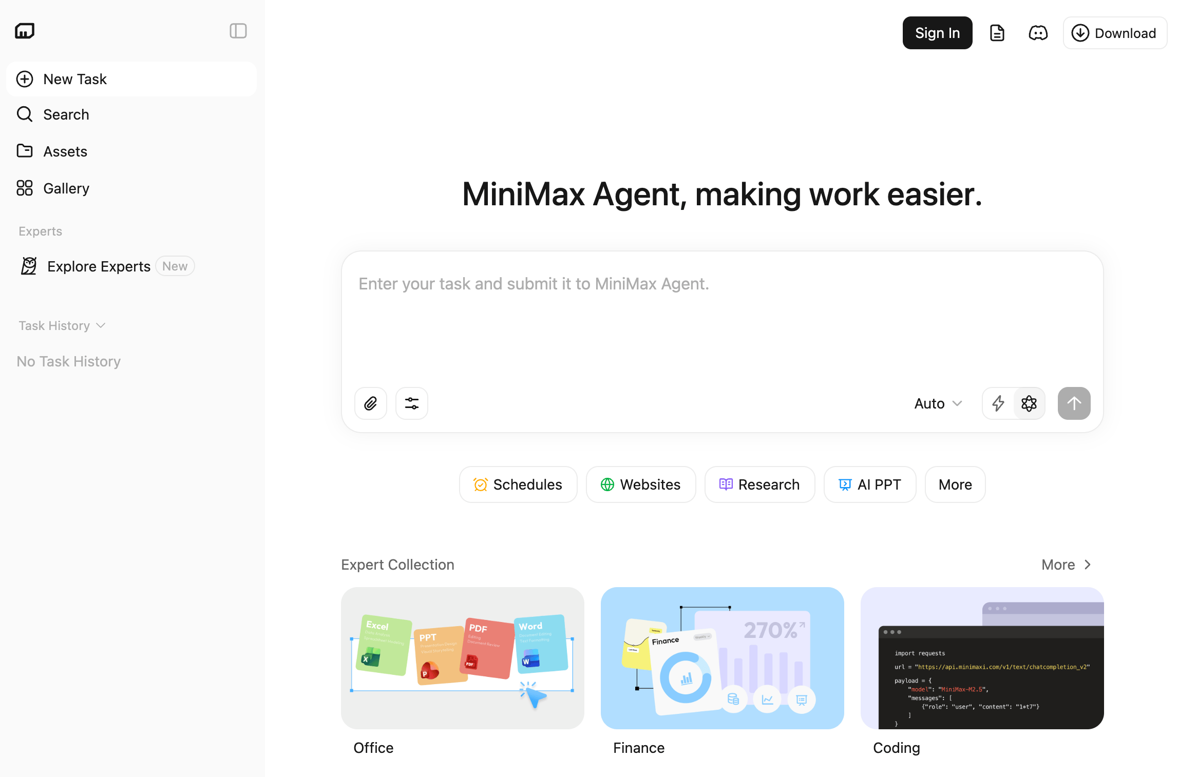 MiniMax AgentのWeb UIトップページ。タスク入力欄とOffice・Finance・Coding等のエキスパート一覧が表示されている