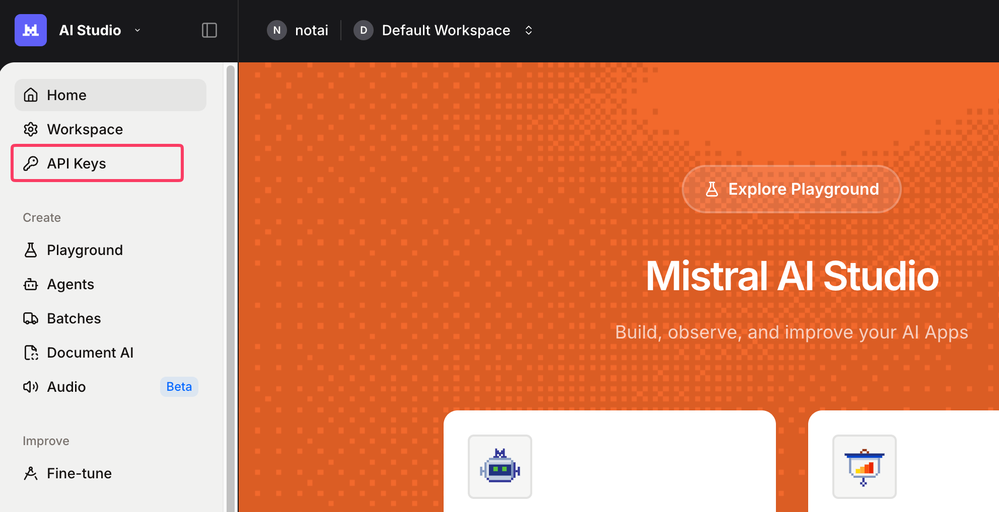 Mistral AI Consoleの左メニューからAPI Keysを選択してAPIキーを取得する