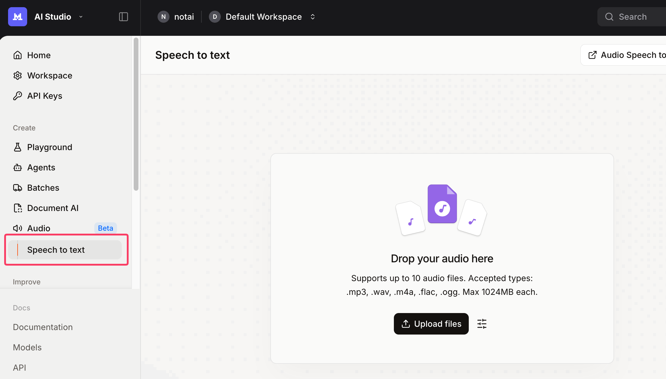 Mistral AI Studioの左メニューからAudio→Speech to textを選択する