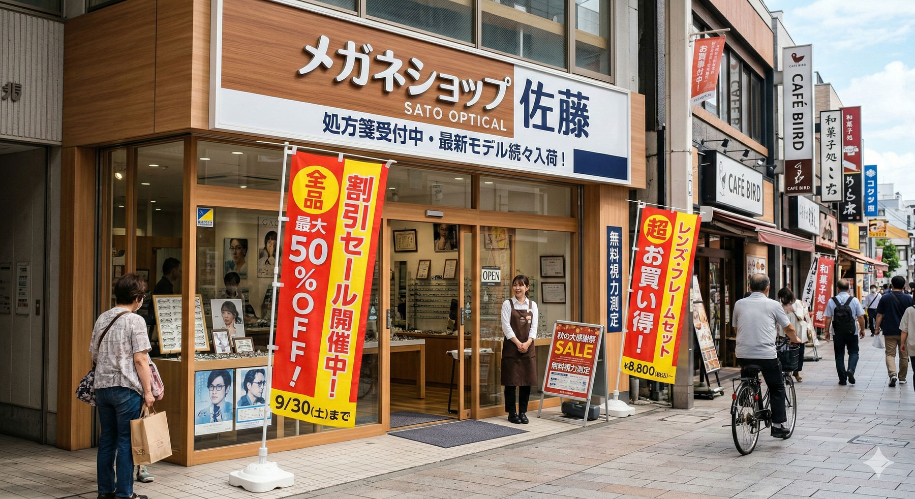 AI生成された日本の眼鏡店の画像。「メガネショップ佐藤」「全品最大50%OFF」など複数の日本語テキストが高精度で描画されている