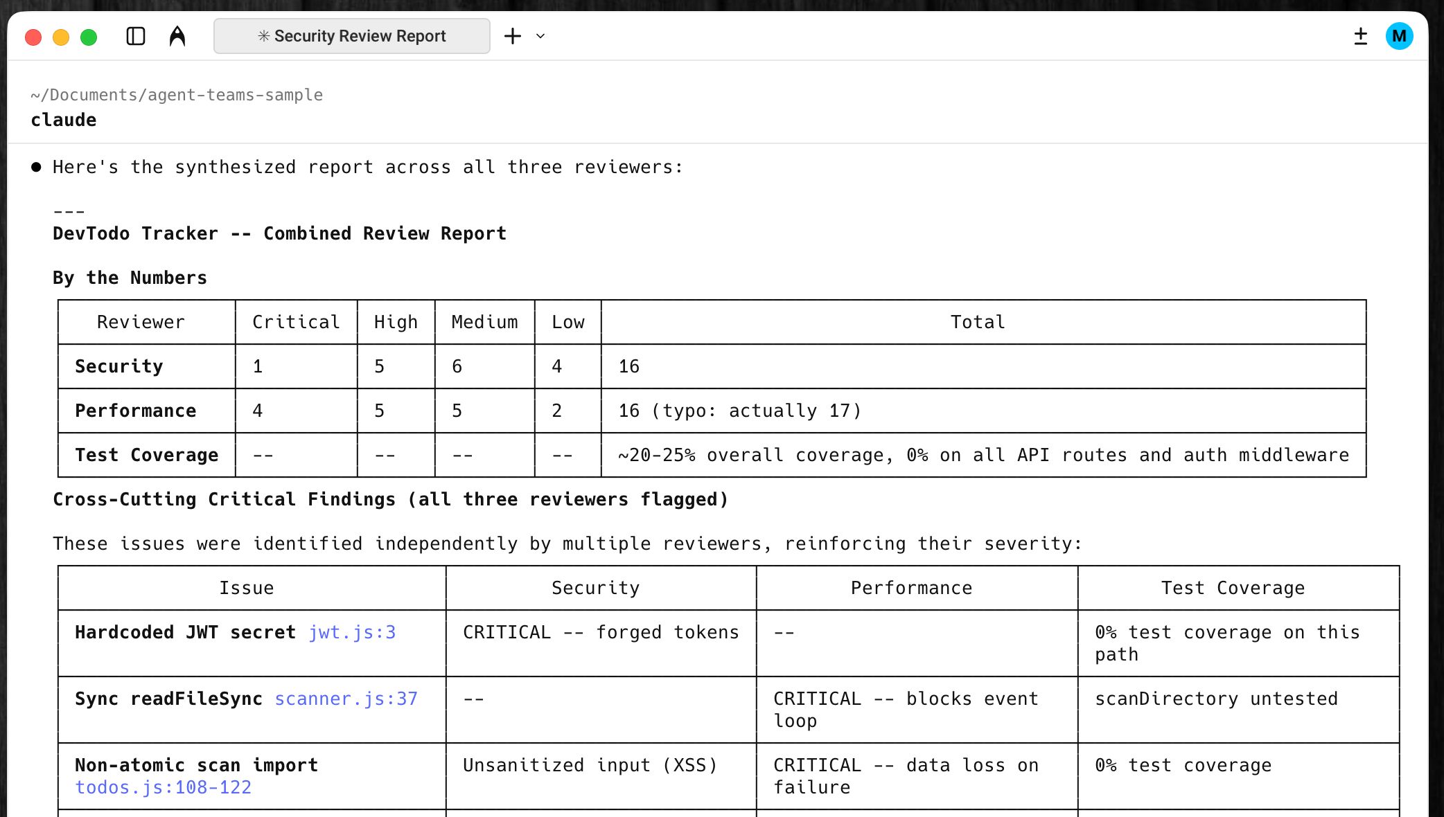3人のレビュワーの結果を統合したCombined Review Report。重要度別の指摘件数と横断的な問題点が表形式で表示されている