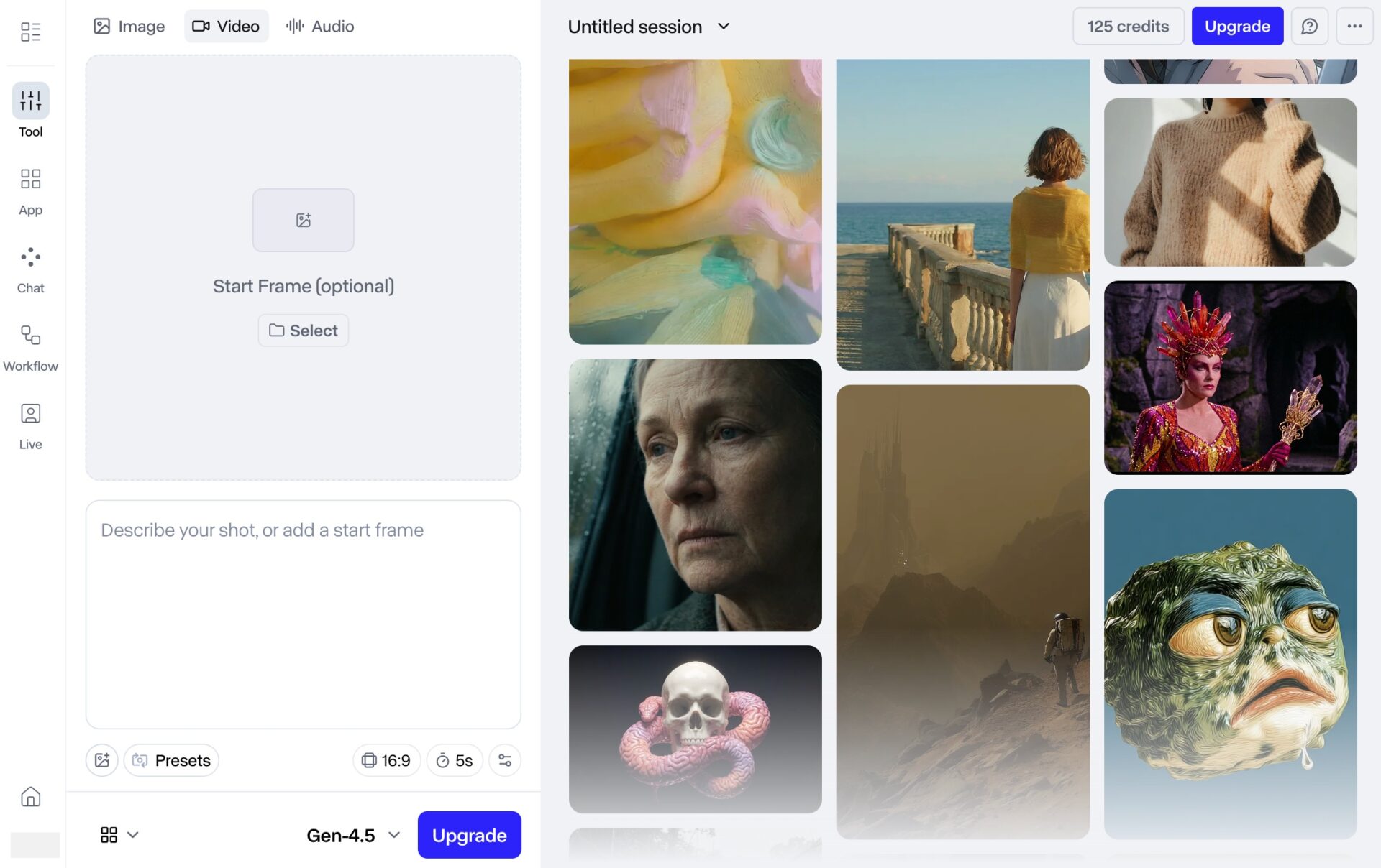 Runway Gen-4.5の動画生成画面。Start Frameの指定やプロンプト入力欄、生成済みギャラリーが表示されている