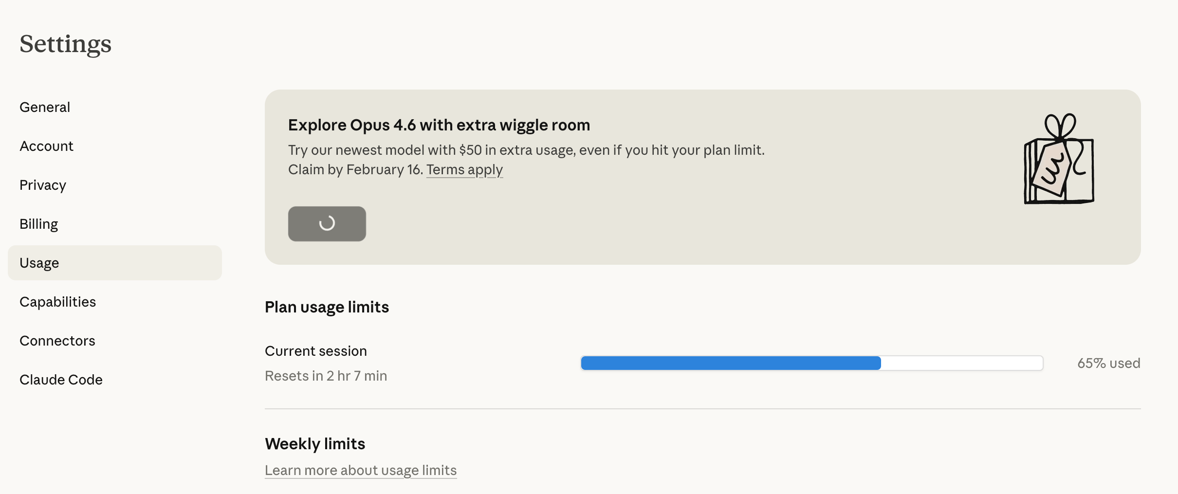 Claude Settings画面のUsageページ。$50の無料クレジット案内と、プラン使用量の進捗バーが表示されている