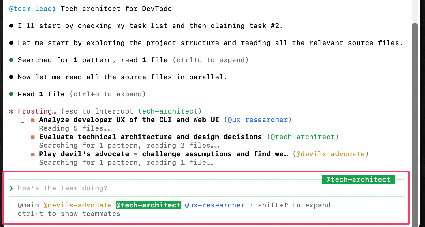 Shift+Up/Downでtech-architectを選択し、直接メッセージを送信できる状態の画面