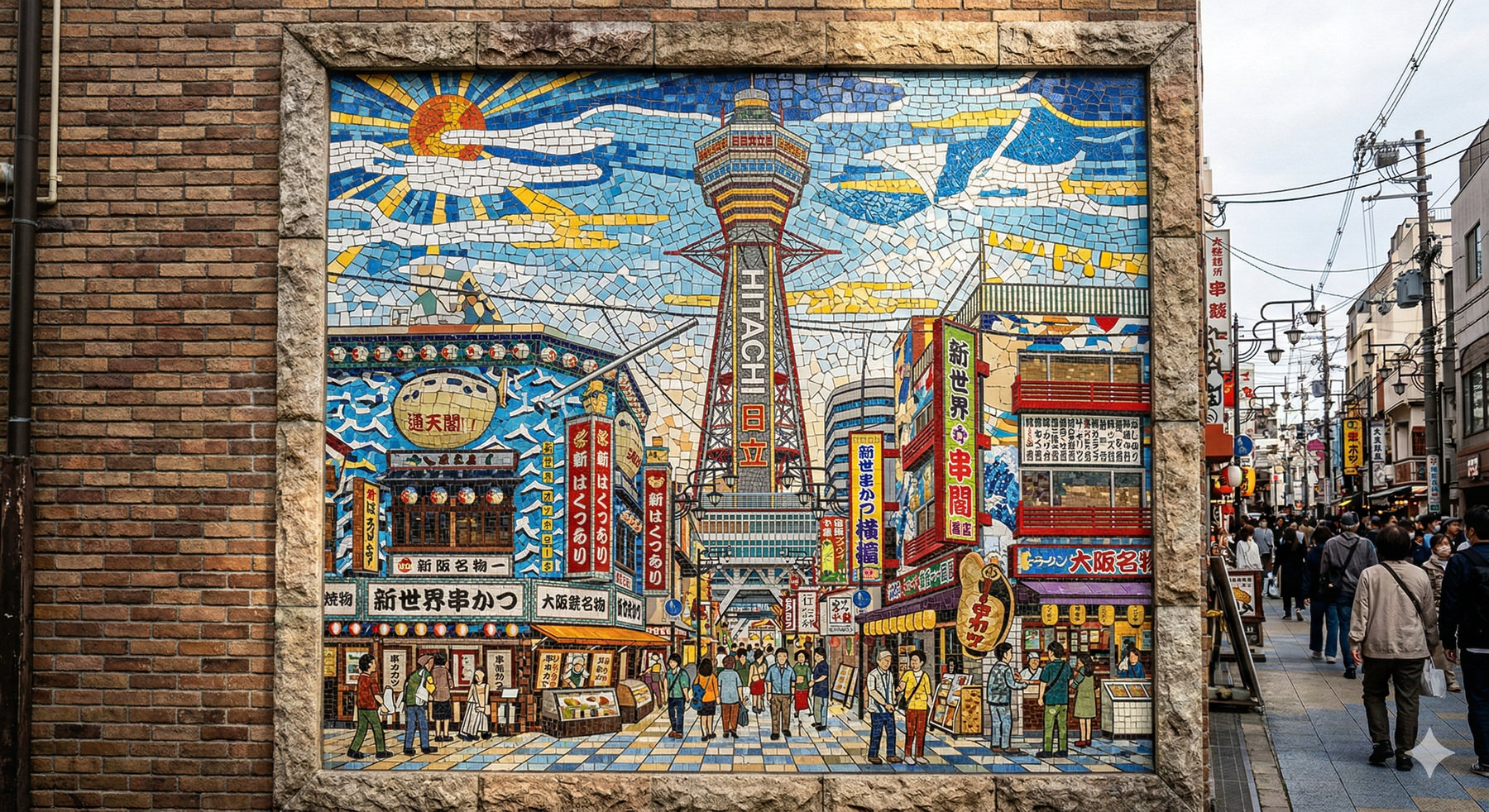 大阪・新世界の通天閣と周辺の街並みを描いたモザイク壁画。石造りの壁に設置され、通行人が行き交う