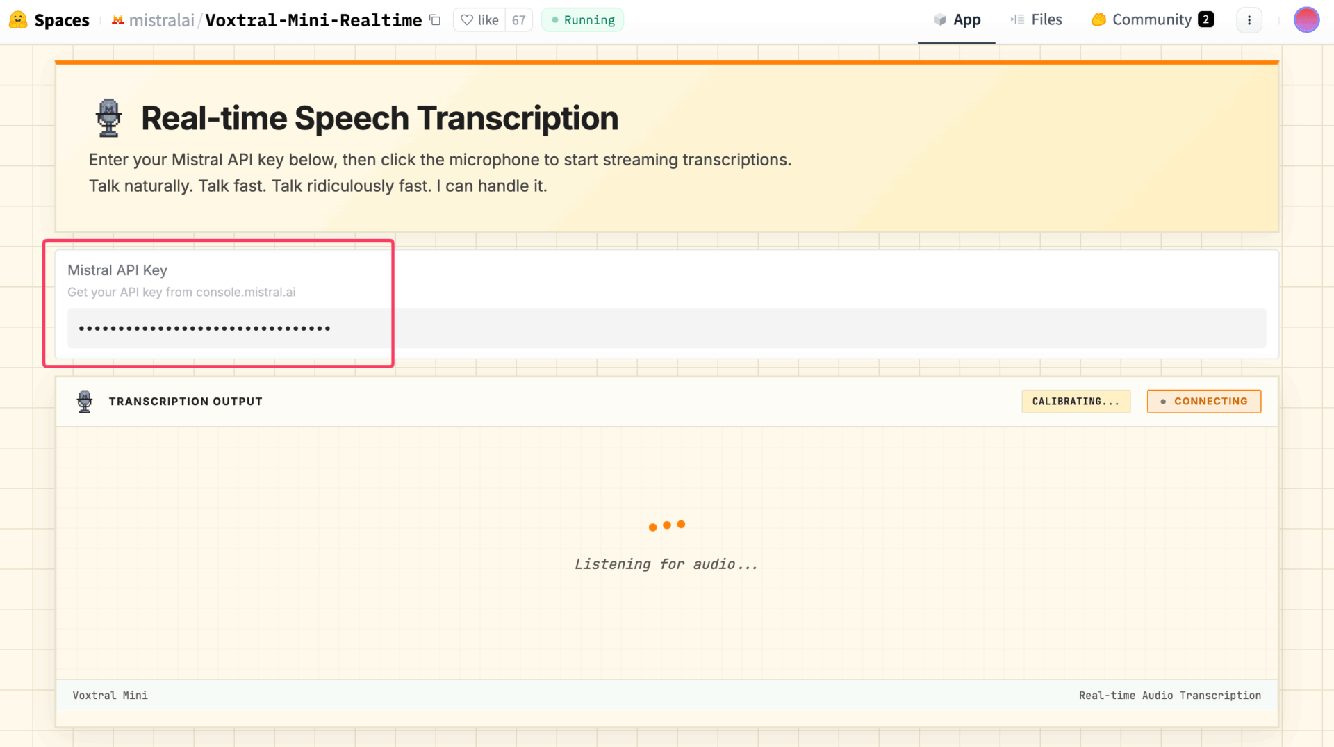 Voxtral RealtimeデモにMistral APIキーを入力した画面。接続中のステータスが表示されている