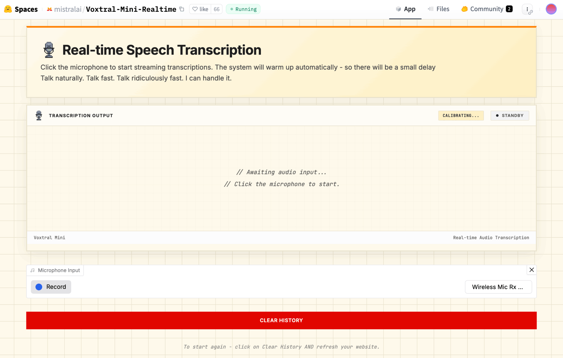 Hugging FaceのVoxtral Realtimeデモ画面。Recordボタンでマイク入力を開始できる
