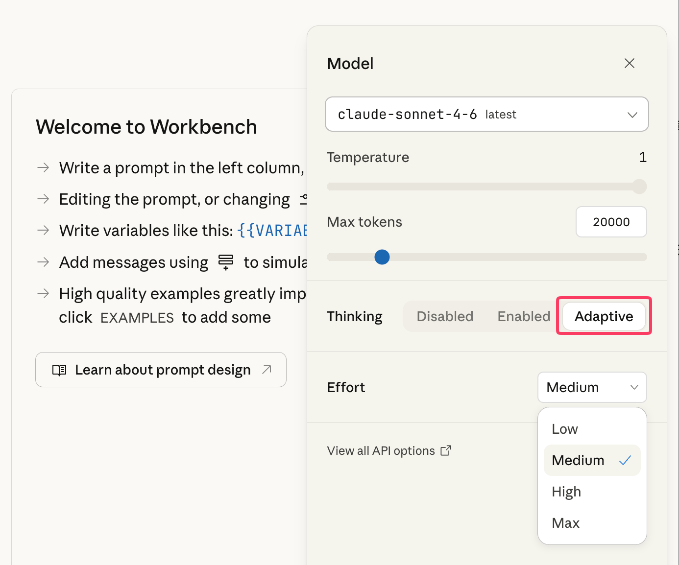 Anthropic Workbenchのモデル設定画面。claude-sonnet-4-6が選択され、Thinkingモードが「Adaptive」に設定されている