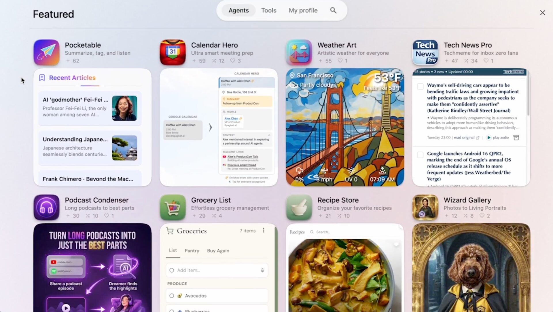 Gallery Featuredセクションの拡大表示。Pocketable・Calendar Hero・Weather Art・Tech News Proなどのエージェントカードとプレビューが並ぶ