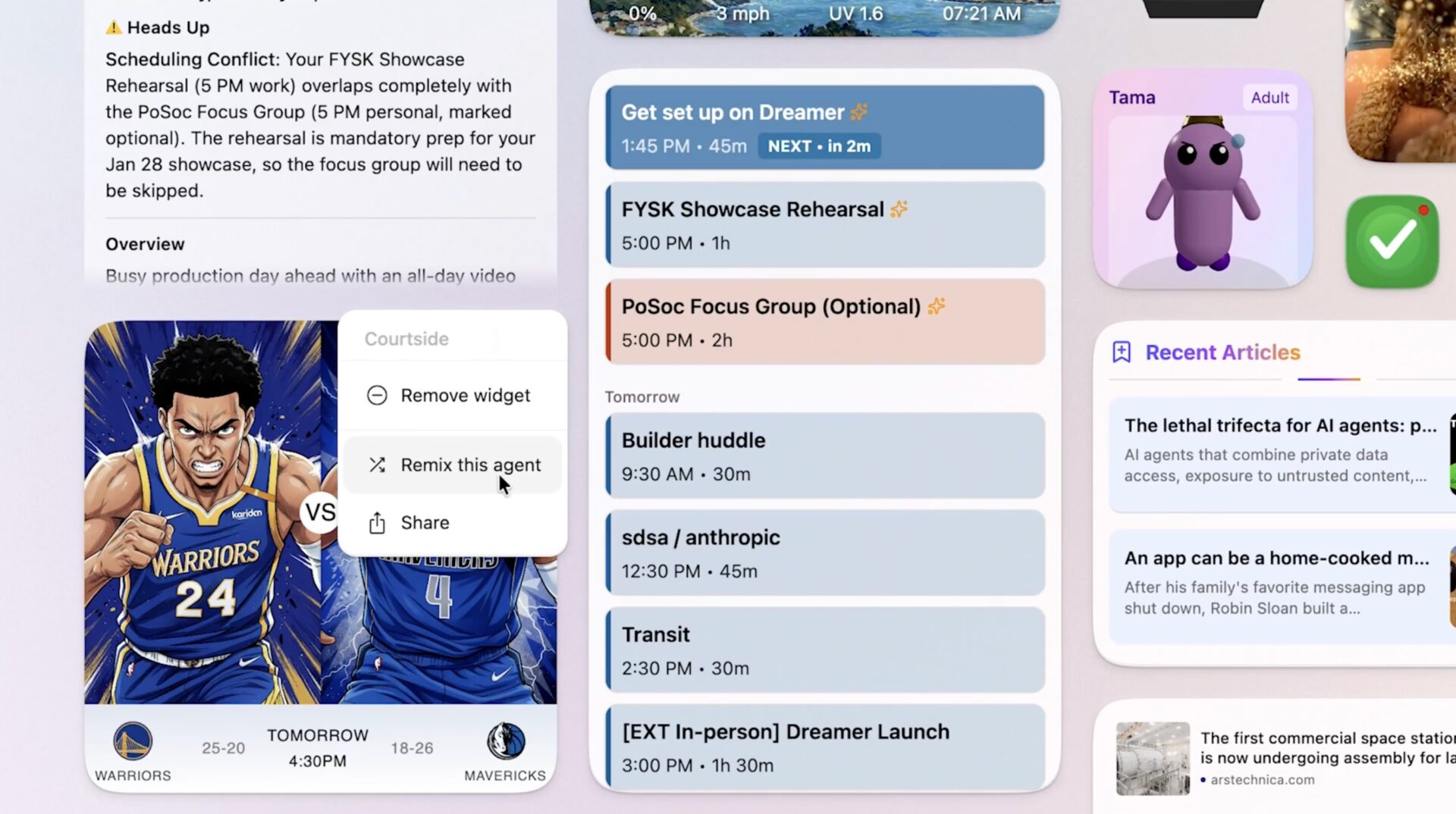 DreamerのUI要素。NBAエージェントCourtsideの「Remix this agent」メニュー、スケジュール競合の通知、カレンダーや記事ウィジェットが並ぶ