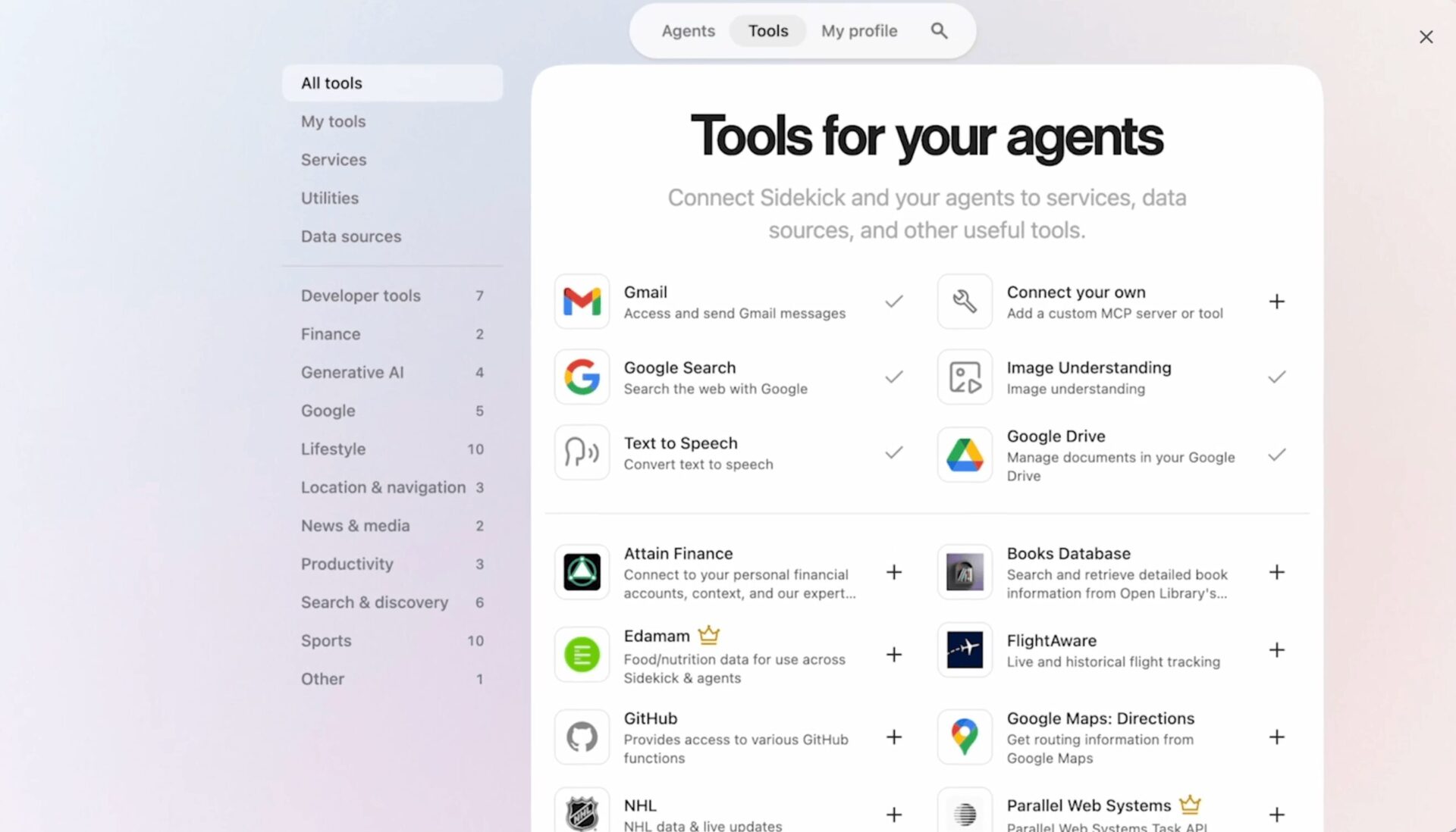 DreamerのToolsページ。Gmail・Google Search・Text to Speech・GitHub・Google Driveなどエージェントが利用できるツールがカテゴリ別に一覧表示されている